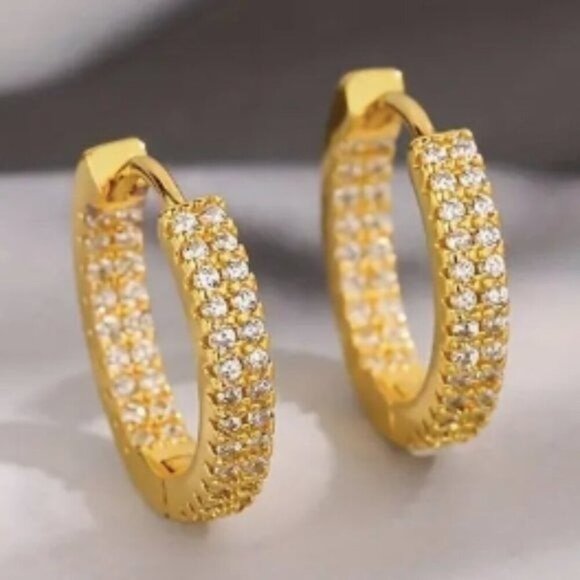 Jewelry - 24k Gold Plated Sterling Silver Diamond Hoop Earrings